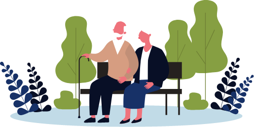 decorative graphic of an elderly man sitting on a bench holding a cane next to an elderly women who has her arm interlocked with is