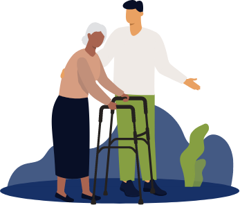 decorative graphic of a young man assisting an elderly woman with a walker