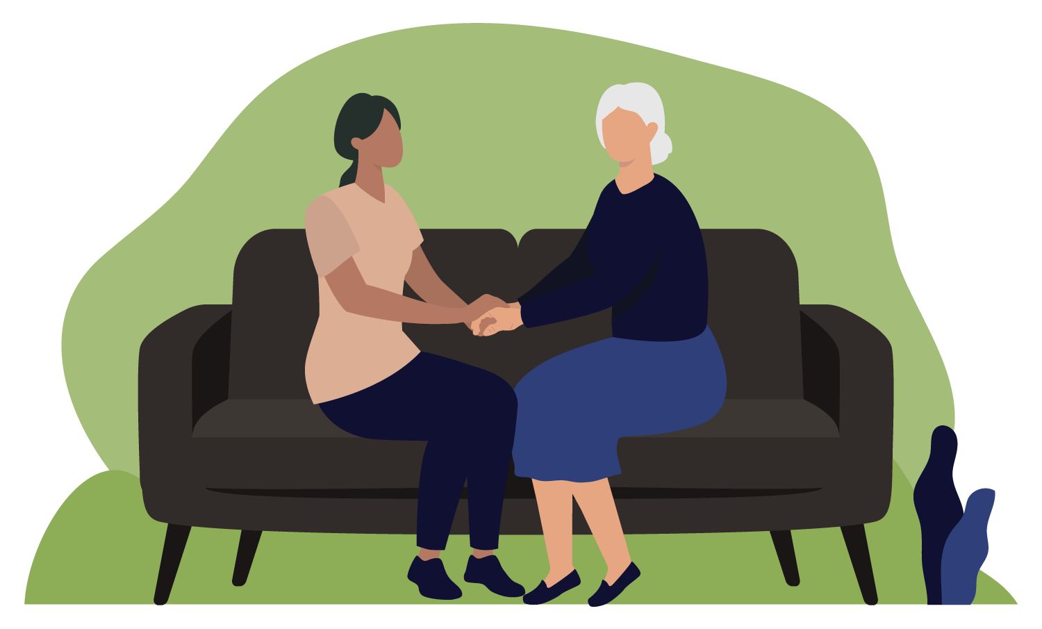 decorative graphic of two women sitting on a couch facing each other and holding hands